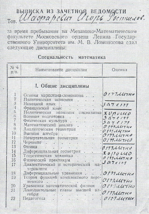 Выписка из зачетной книжки Игоря Шафаревича. Андрей Игоревич всегда считал, что у отца по всем предметам была оценка «отлично». Однако в зачетке обнаружились две оценки «хорошо» — по политической экономии социализма и дифференциальной геометрии